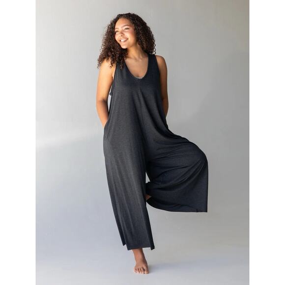 Natural Life Womens Knit V Neck Jumpsuit Size OS Charcoal Boho Hippie Oversized - Picture 2 of 16